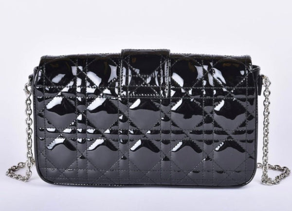 Christian Dior Black Patent Quilted Leather Miss Dior Chain Handbag / Cannage Wallet On Chain - V & G Luxe Boutique