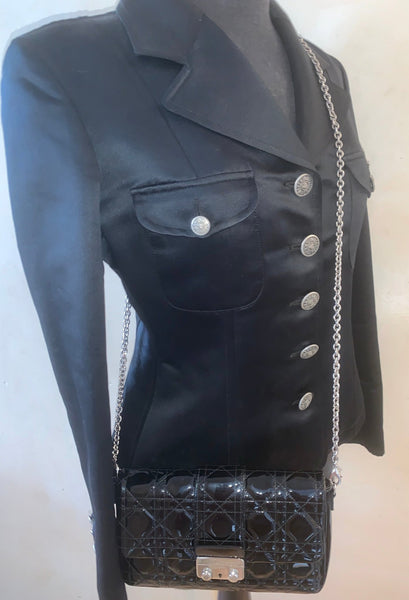 Christian Dior Black Patent Quilted Leather Miss Dior Chain Handbag / Cannage Wallet On Chain - V & G Luxe Boutique