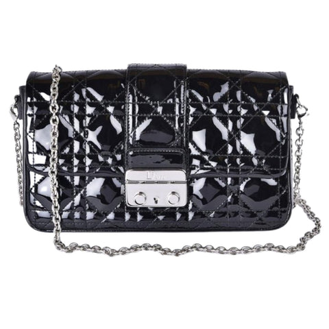 Christian Dior Black Patent Quilted Leather Miss Dior Chain Handbag / Cannage Wallet On Chain - V & G Luxe Boutique