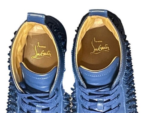 Christian Louboutin Louis Flat Calf Leather Spikes In Blue - V & G Luxe Boutique