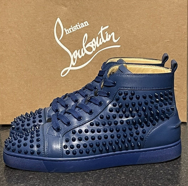 Christian Louboutin Louis Flat Calf Leather Spikes In Blue - V & G Luxe Boutique