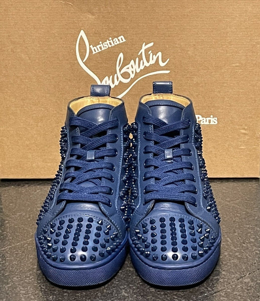 Christian Louboutin Louis Flat Calf Leather Spikes In Blue - V & G Luxe Boutique