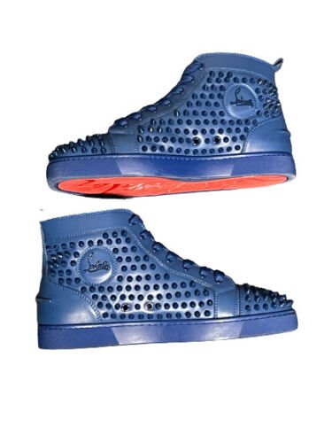 Christian Louboutin Louis Flat Calf Leather Spikes In Blue - V & G Luxe Boutique