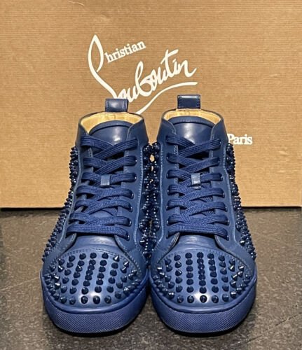 Christian Louboutin Louis Flat Calf Leather Spikes In Blue - V & G Luxe Boutique