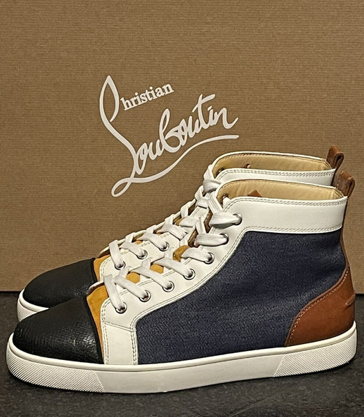 Christian Louboutin Louis Flat Denim & Leather High Top Sneakers Size UK 8 - V & G Luxe Boutique