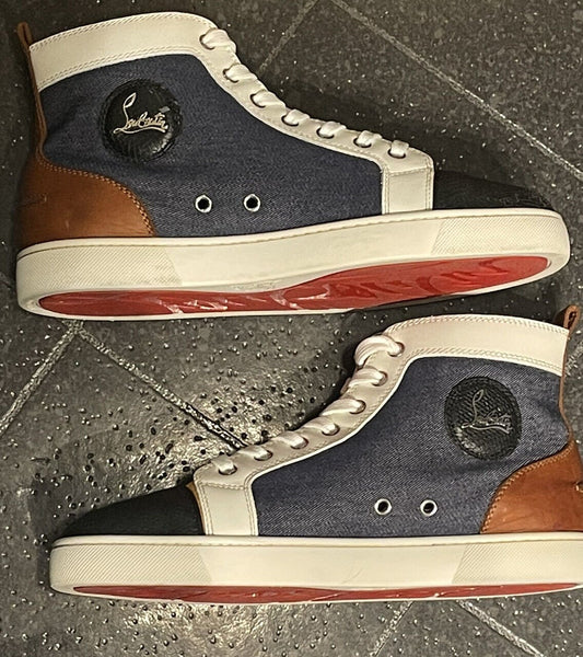 Christian Louboutin Louis Flat Denim & Leather High Top Sneakers Size UK 8 - V & G Luxe Boutique