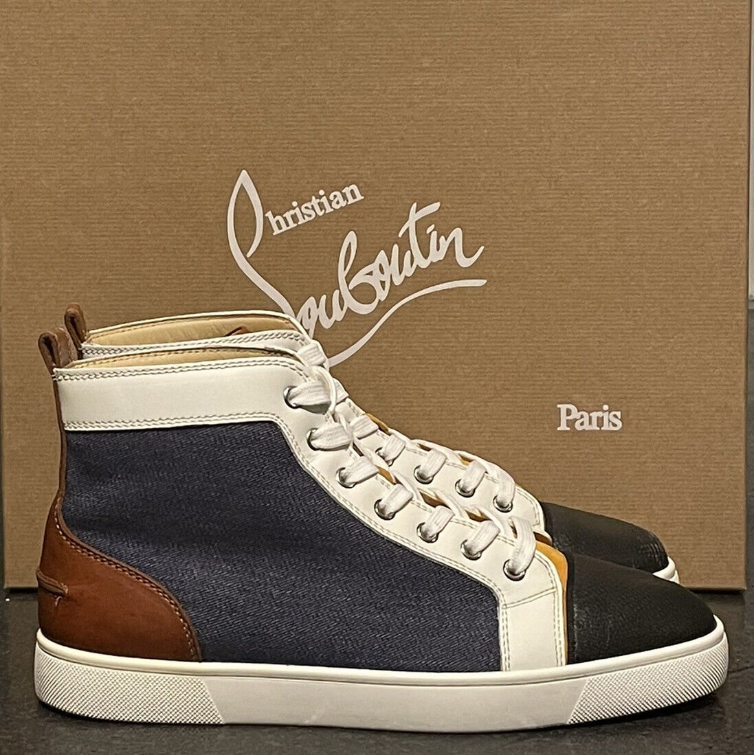 Christian Louboutin Louis Flat Denim & Leather High Top Sneakers Size UK 8 - V & G Luxe Boutique