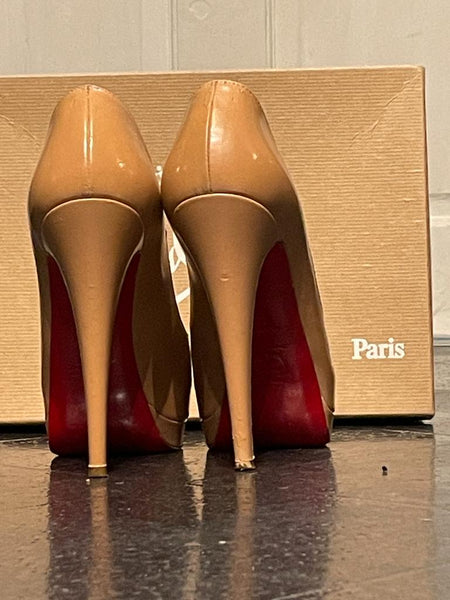 Christian Louboutin New Very Prive 120 Nude Patent Peep Toe Heels, UK Size 5 - V & G Luxe Boutique