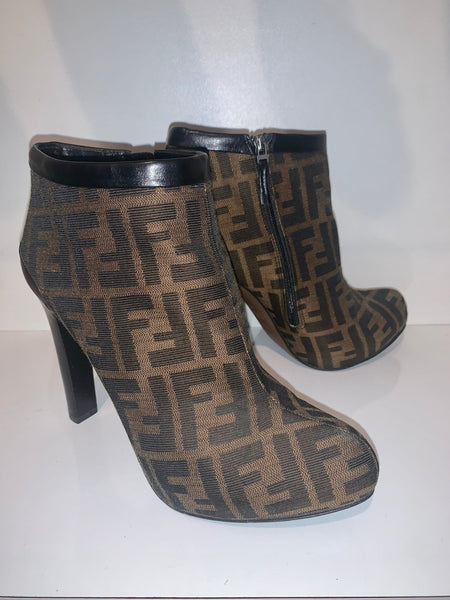 Fendi Brown FF Signature Zucca Print Ankle Boots, UK Size 5.5 - V & G Luxe Boutique