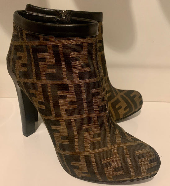 Fendi Brown FF Signature Zucca Print Ankle Boots, UK Size 5.5 - V & G Luxe Boutique