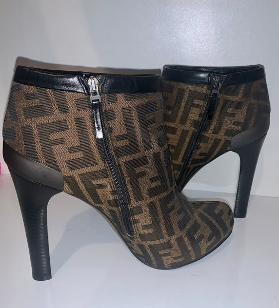 Fendi Brown FF Signature Zucca Print Ankle Boots, UK Size 5.5 - V & G Luxe Boutique