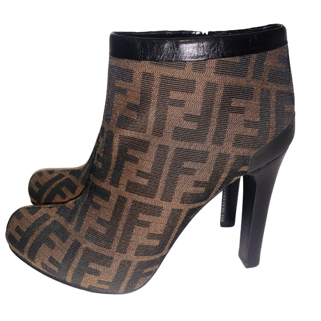 Fendi Brown FF Signature Zucca Print Ankle Boots, UK Size 5.5 - V & G Luxe Boutique