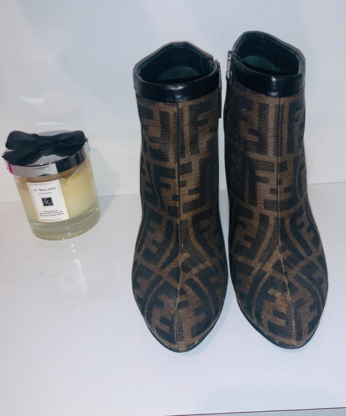 Fendi Brown FF Signature Zucca Print Ankle Boots, UK Size 5.5 - V & G Luxe Boutique