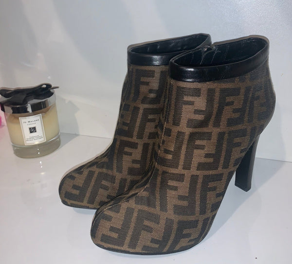 Fendi Brown FF Signature Zucca Print Ankle Boots, UK Size 5.5 - V & G Luxe Boutique