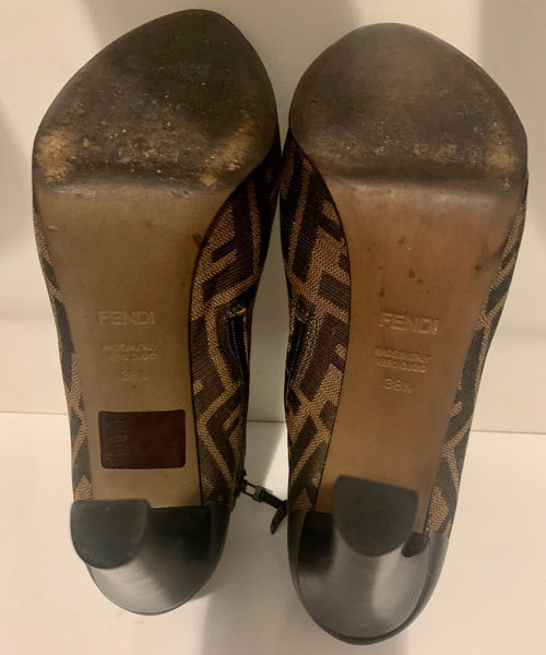 Fendi Brown FF Signature Zucca Print Ankle Boots, UK Size 5.5 - V & G Luxe Boutique