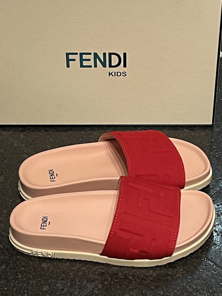 Fendi Kids Red Unisex FF Logo Slides - V & G Luxe Boutique