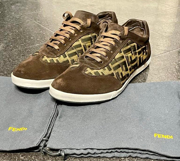 Fendi Men’s Brown Canvas & Suede Zucca F Print Sneakers, UK Size 7 - V & G Luxe Boutique