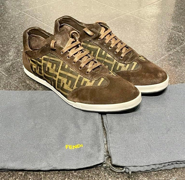 Fendi Men’s Brown Canvas & Suede Zucca F Print Sneakers, UK Size 7 - V & G Luxe Boutique