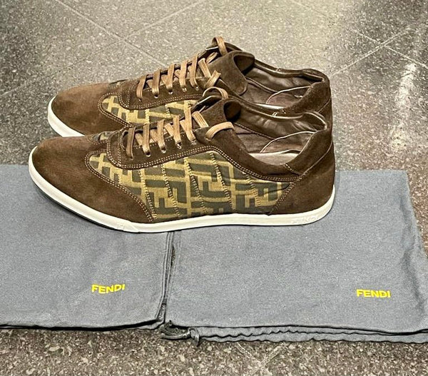 Fendi Men’s Brown Canvas & Suede Zucca F Print Sneakers, UK Size 7 - V & G Luxe Boutique