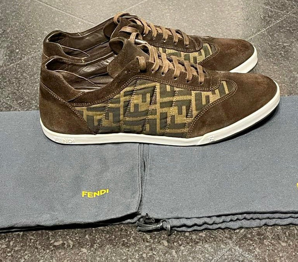 Fendi Men’s Brown Canvas & Suede Zucca F Print Sneakers, UK Size 7 - V & G Luxe Boutique