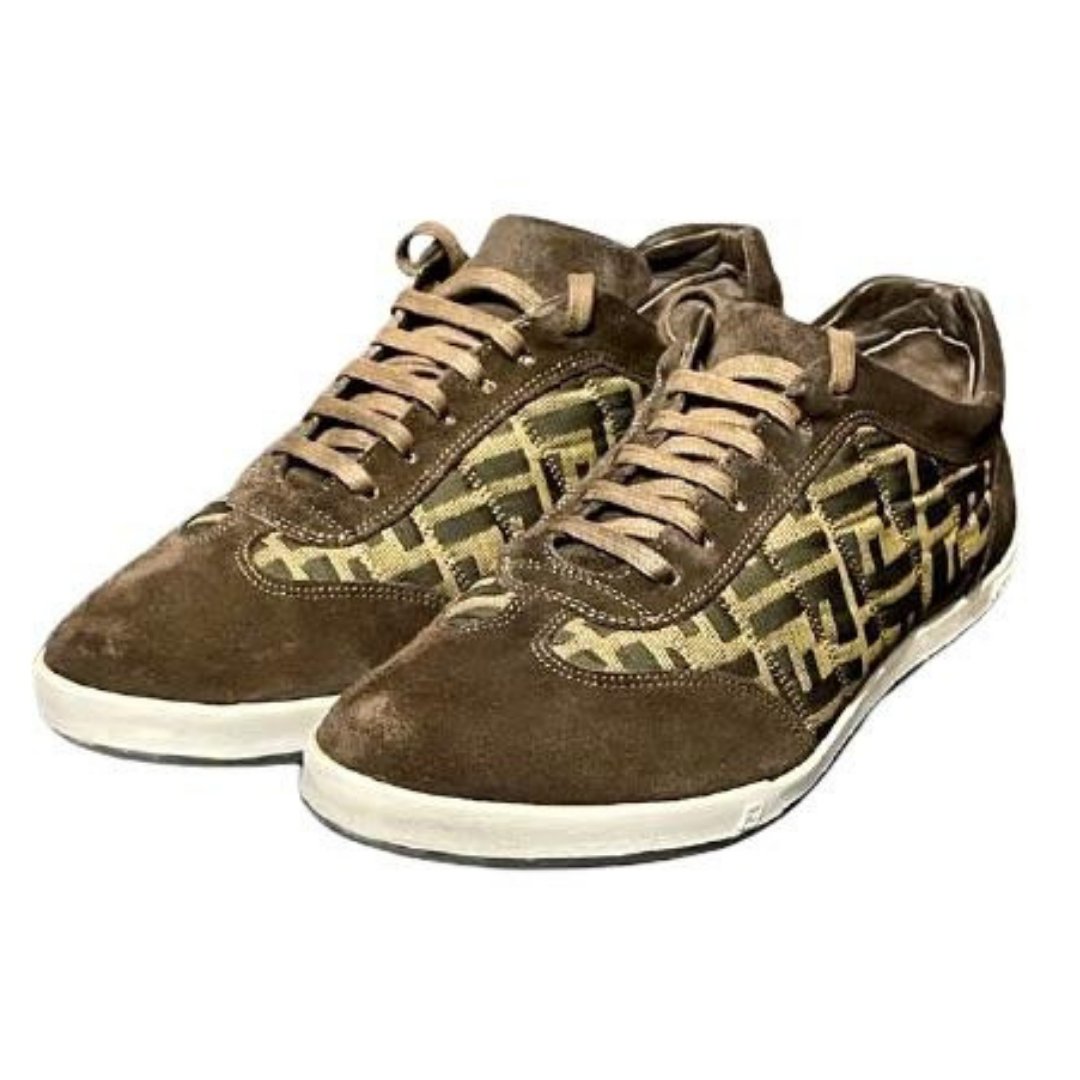 Fendi Men’s Brown Canvas & Suede Zucca F Print Sneakers, UK Size 7 - V & G Luxe Boutique