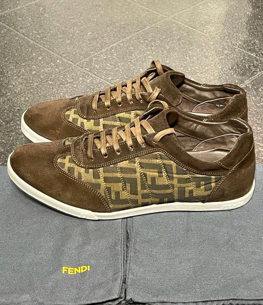 Fendi Men’s Brown Canvas & Suede Zucca F Print Sneakers, UK Size 7 - V & G Luxe Boutique