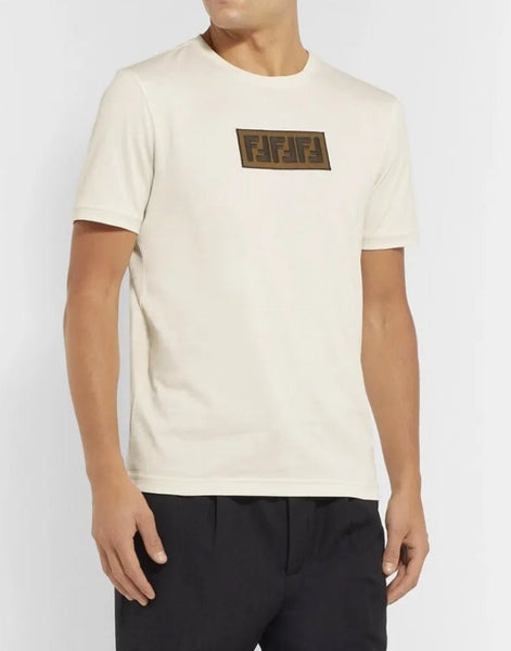 Fendi Men's Cream Cotton Zucca Logo Applique T-Shirt Size L - V & G Luxe Boutique