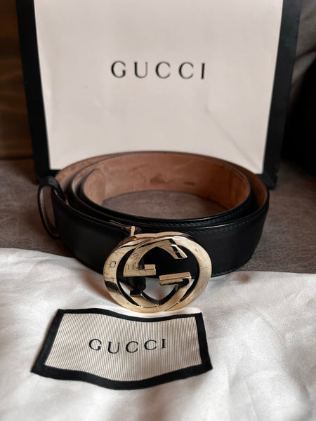 Gucci Black Leather Gold GG Belt, Size 85/ 34 - V & G Luxe Boutique