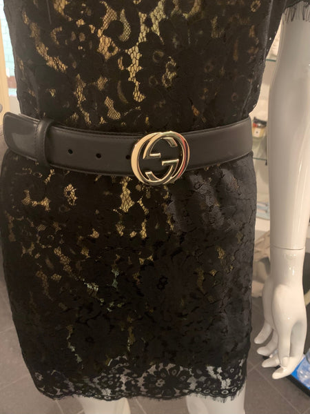 Gucci Black Leather Gold GG Belt, Size 85/ 34 - V & G Luxe Boutique
