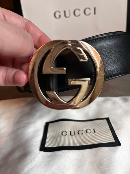 Gucci Black Leather Gold GG Belt, Size 85/ 34 - V & G Luxe Boutique