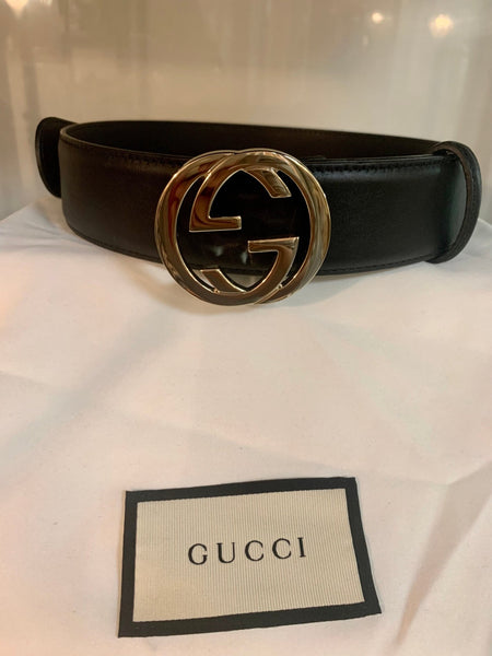 Gucci Black Leather Gold GG Belt, Size 85/ 34 - V & G Luxe Boutique