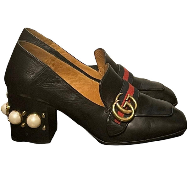 Gucci Black Leather Peyton GG Web Detail Pearl Studded Pumps - V & G Luxe Boutique