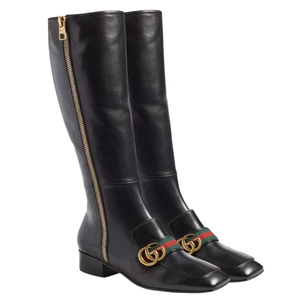 Gucci Black Peyton Thigh High Leather Marmont GG Boots, UK Size 5 - V & G Luxe Boutique