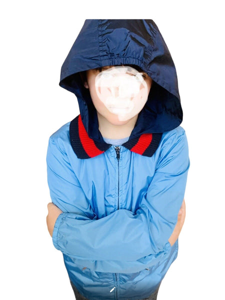 GUCCI Boys Blue Webbed Windbreaker Hooded Lightweight Jacket 10 Yrs - V & G Luxe Boutique