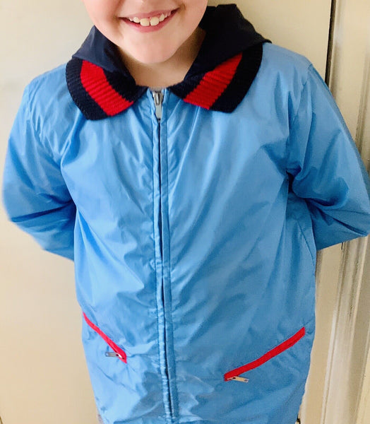 GUCCI Boys Blue Webbed Windbreaker Hooded Lightweight Jacket 10 Yrs - V & G Luxe Boutique
