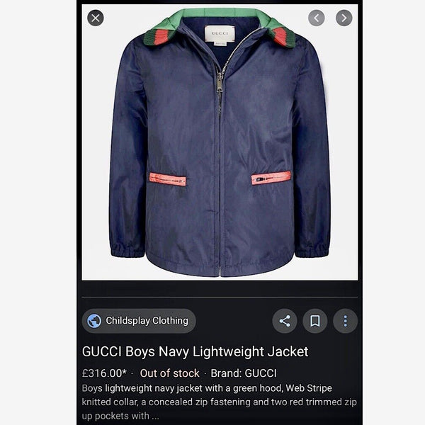 GUCCI Boys Blue Webbed Windbreaker Hooded Lightweight Jacket 10 Yrs - V & G Luxe Boutique