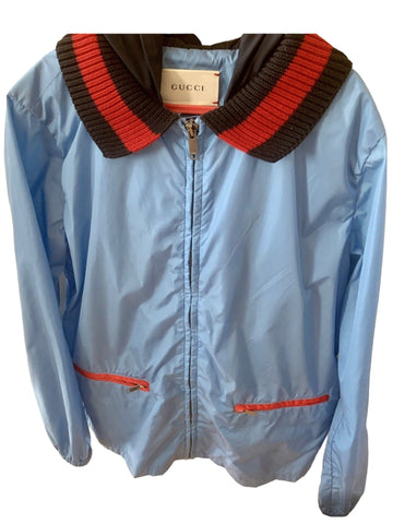 GUCCI Boys Blue Webbed Windbreaker Hooded Lightweight Jacket 10 Yrs - V & G Luxe Boutique