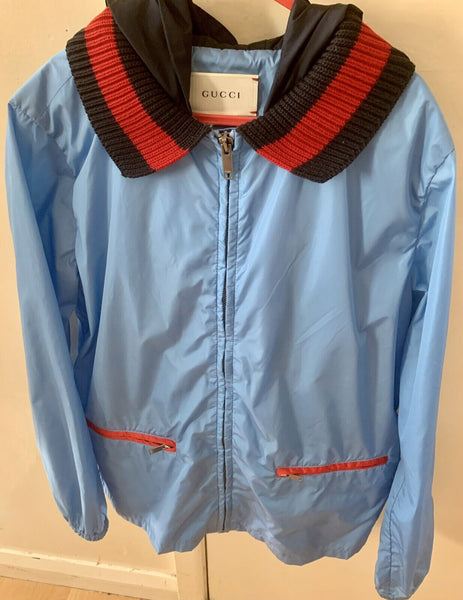 GUCCI Boys Blue Webbed Windbreaker Hooded Lightweight Jacket 10 Yrs - V & G Luxe Boutique