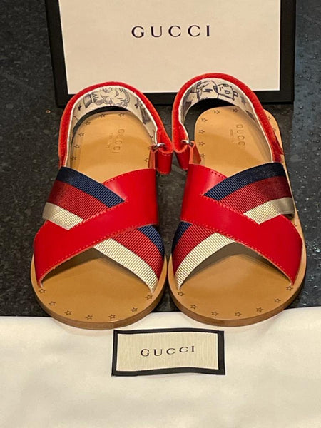 Gucci Brand New Girls Sylvie Leather Web Sandals, UK Size 2 (EU 35) - V & G Luxe Boutique