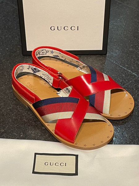Gucci Brand New Girls Sylvie Leather Web Sandals, UK Size 2 (EU 35) - V & G Luxe Boutique