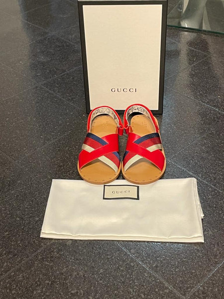 Gucci Brand New Girls Sylvie Leather Web Sandals, UK Size 2 (EU 35) - V & G Luxe Boutique