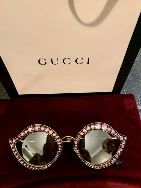 Gucci Brand New Pink Cat Crystal Eye Lips Sunglasses - V & G Luxe Boutique