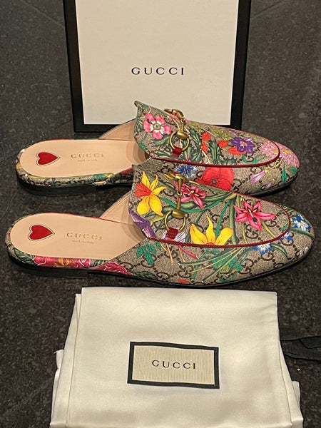 Gucci Brand New Princetown Monogram and Floral Multicolour Slip On Mules, UK Size 6 - V & G Luxe Boutique