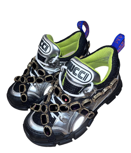 Gucci Flashtrek Silver Crystal- Embellished Metallic Sneakers - V & G Luxe Boutique