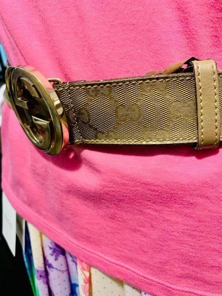 Gucci GG Gold Canvas Supreme Belt, Size Small - Medium - V & G Luxe Boutique
