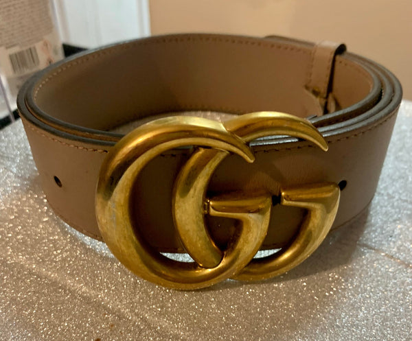 Gucci GG Gold Tone Marmont Wide Leather Tan Belt, Size Small - V & G Luxe Boutique