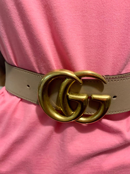 Gucci GG Gold Tone Marmont Wide Leather Tan Belt, Size Small - V & G Luxe Boutique