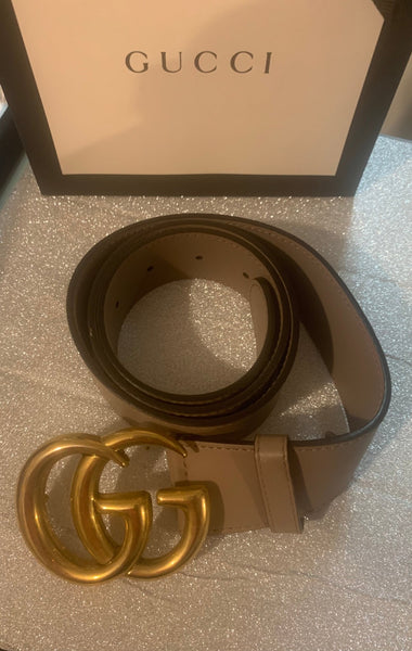 Gucci GG Gold Tone Marmont Wide Leather Tan Belt, Size Small - V & G Luxe Boutique