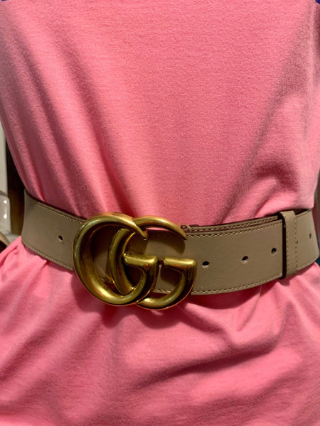 Gucci GG Gold Tone Marmont Wide Leather Tan Belt, Size Small - V & G Luxe Boutique