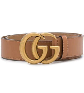 Gucci GG Gold Tone Marmont Wide Leather Tan Belt, Size Small - V & G Luxe Boutique